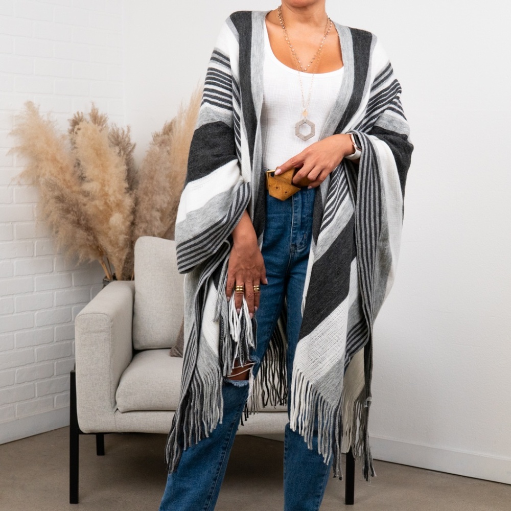 Brianna Striped Frayed Edge Ruana - Gray